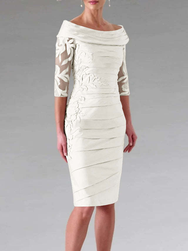 Half-Sleeve Knee-Length Sheath/Column Mother of the Bride Dress with Ruching and Appliques