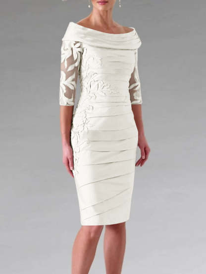 Half-Sleeve Knee-Length Sheath/Column Mother of the Bride Dress with Ruching and Appliques