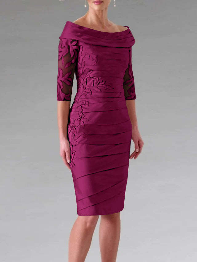 Half-Sleeve Knee-Length Sheath/Column Mother of the Bride Dress with Ruching and Appliques