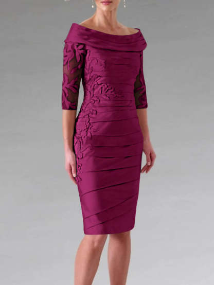 Half-Sleeve Knee-Length Sheath/Column Mother of the Bride Dress with Ruching and Appliques