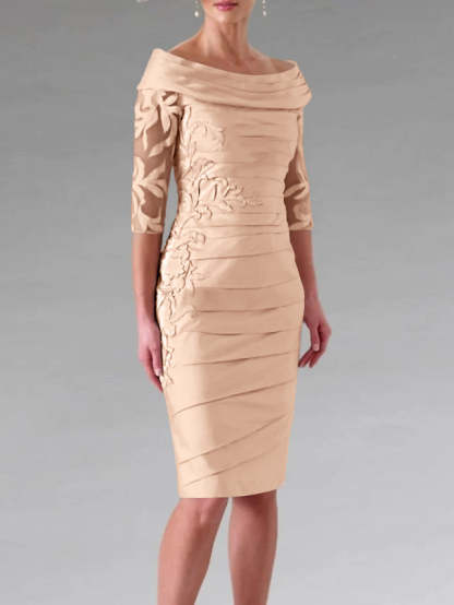 Half-Sleeve Knee-Length Sheath/Column Mother of the Bride Dress with Ruching and Appliques