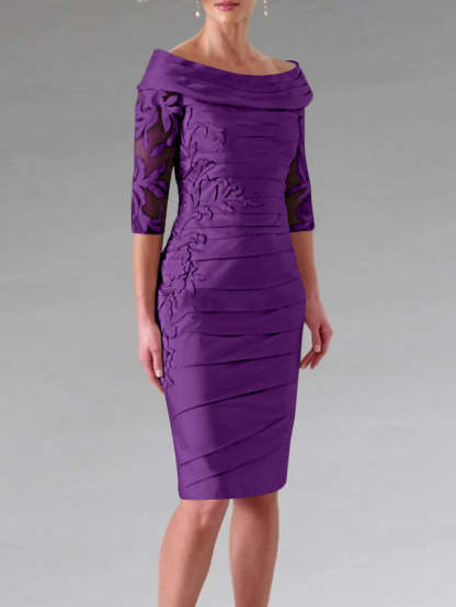 Half-Sleeve Knee-Length Sheath/Column Mother of the Bride Dress with Ruching and Appliques
