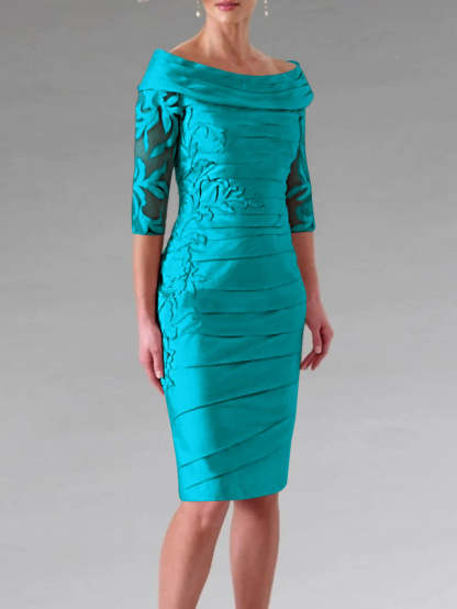 Half-Sleeve Knee-Length Sheath/Column Mother of the Bride Dress with Ruching and Appliques