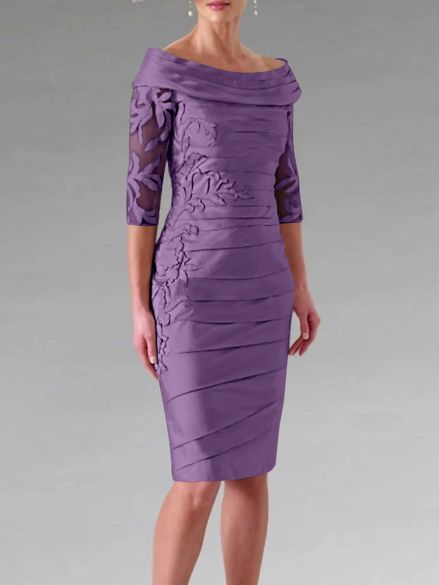 Half-Sleeve Knee-Length Sheath/Column Mother of the Bride Dress with Ruching and Appliques