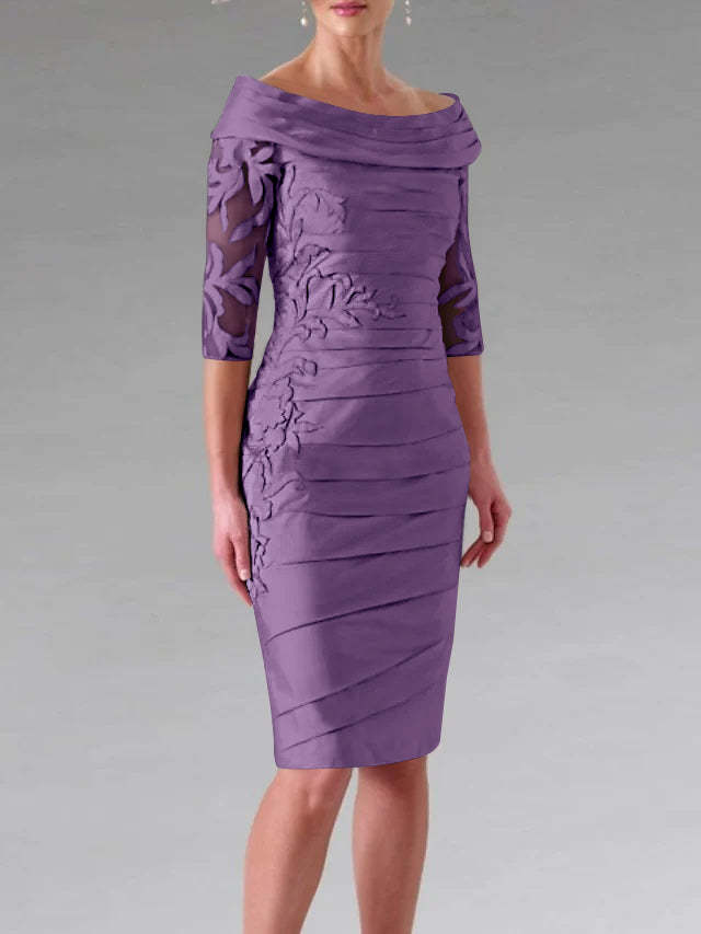 Half-Sleeve Knee-Length Sheath/Column Mother of the Bride Dress with Ruching and Appliques