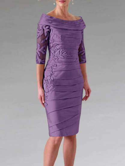Half-Sleeve Knee-Length Sheath/Column Mother of the Bride Dress with Ruching and Appliques