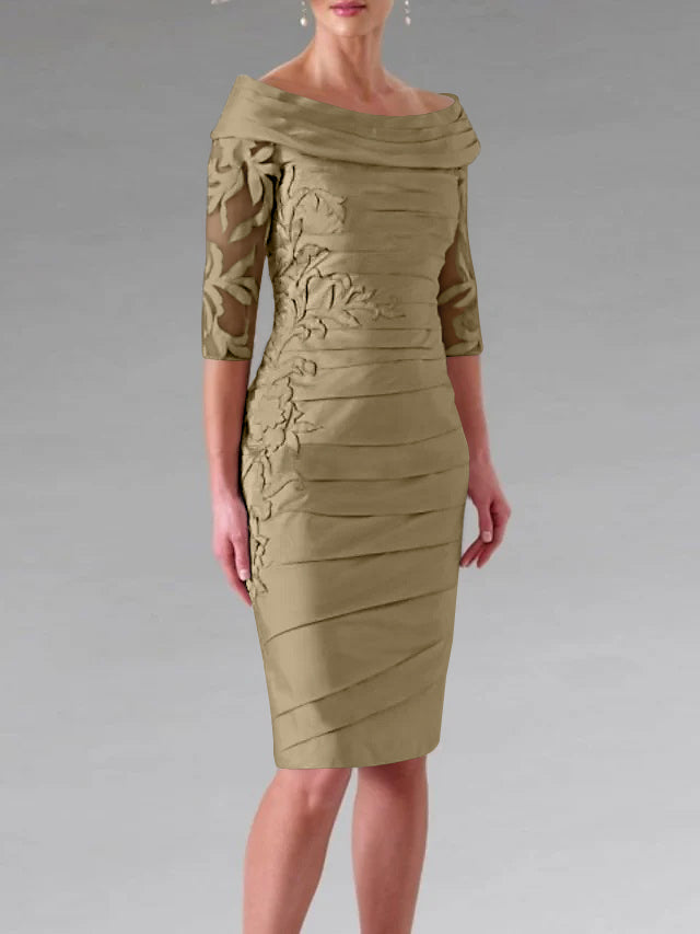 Half-Sleeve Knee-Length Sheath/Column Mother of the Bride Dress with Ruching and Appliques
