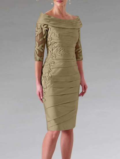 Half-Sleeve Knee-Length Sheath/Column Mother of the Bride Dress with Ruching and Appliques