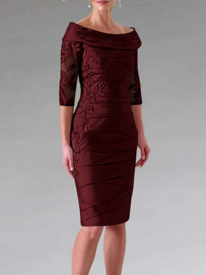 Half-Sleeve Knee-Length Sheath/Column Mother of the Bride Dress with Ruching and Appliques