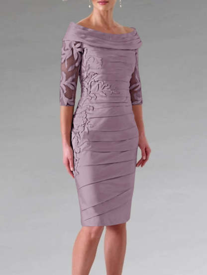 Half-Sleeve Knee-Length Sheath/Column Mother of the Bride Dress with Ruching and Appliques