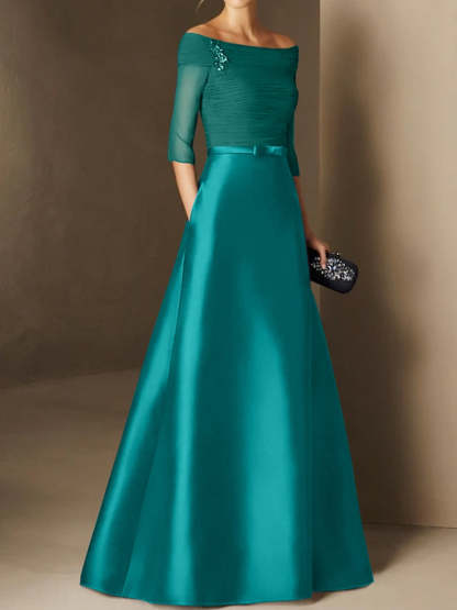 Off-the-Shoulder Short Sleeve A-Line Princess Mother of the Bride Dress Featuring Belt Applique