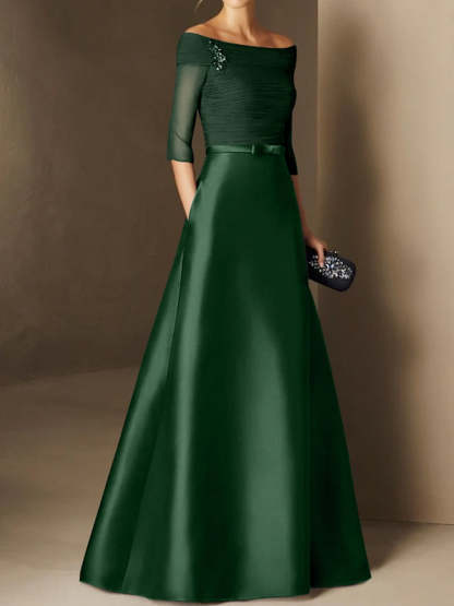 Off-the-Shoulder Short Sleeve A-Line Princess Mother of the Bride Dress Featuring Belt Applique