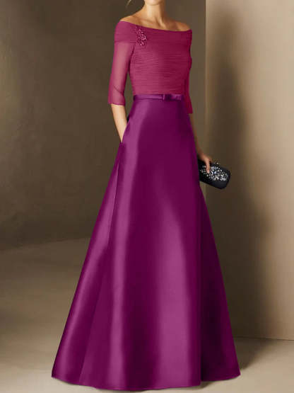 Off-the-Shoulder Short Sleeve A-Line Princess Mother of the Bride Dress Featuring Belt Applique