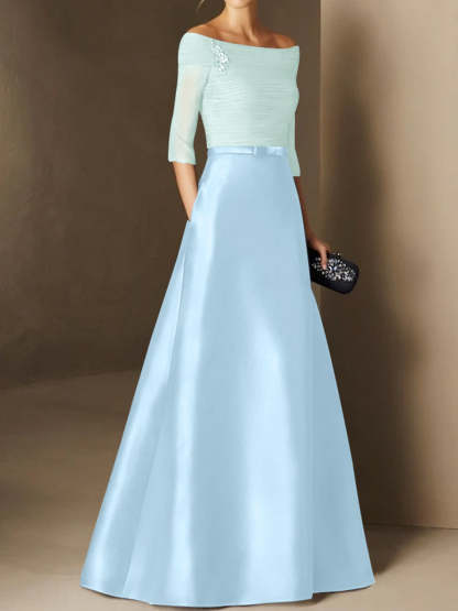 Off-the-Shoulder Short Sleeve A-Line Princess Mother of the Bride Dress Featuring Belt Applique