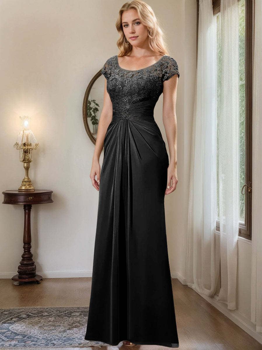 Floor-Length Chiffon Mother of the Bride Dress with Lace Ruffle Sheath/Column Scoop