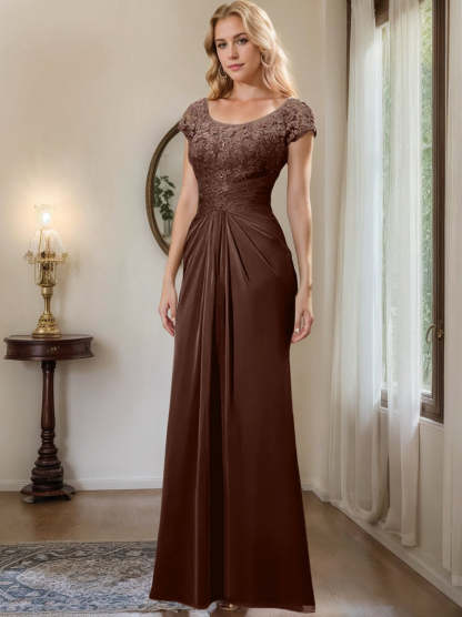 Floor-Length Chiffon Mother of the Bride Dress with Lace Ruffle Sheath/Column Scoop