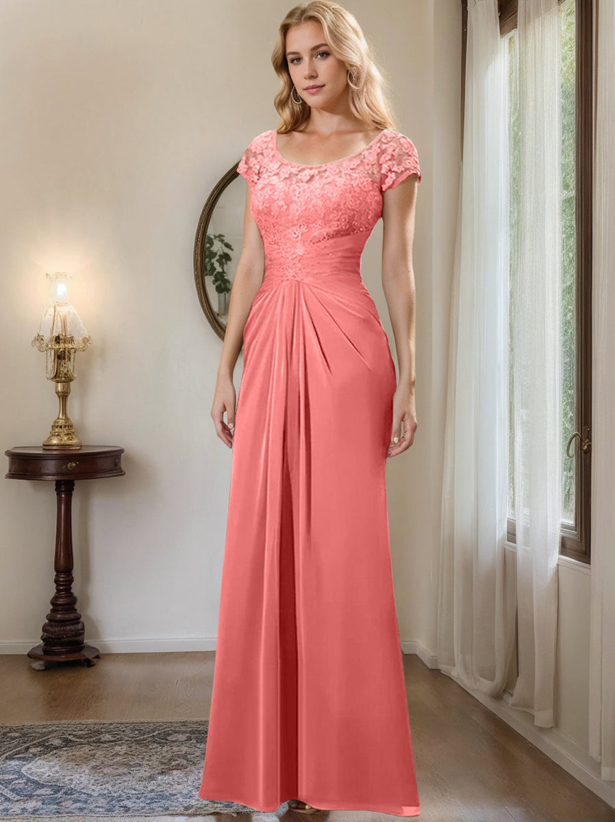 Floor-Length Chiffon Mother of the Bride Dress with Lace Ruffle Sheath/Column Scoop