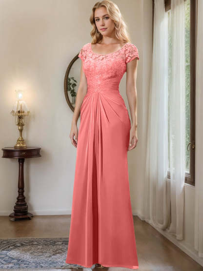 Floor-Length Chiffon Mother of the Bride Dress with Lace Ruffle Sheath/Column Scoop