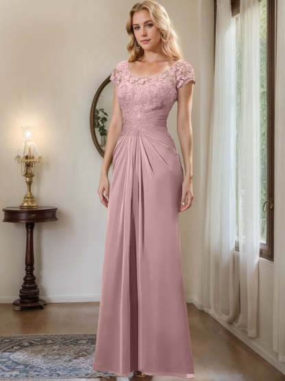 Floor-Length Chiffon Mother of the Bride Dress with Lace Ruffle Sheath/Column Scoop