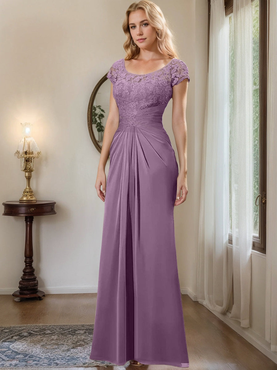 Floor-Length Chiffon Mother of the Bride Dress with Lace Ruffle Sheath/Column Scoop