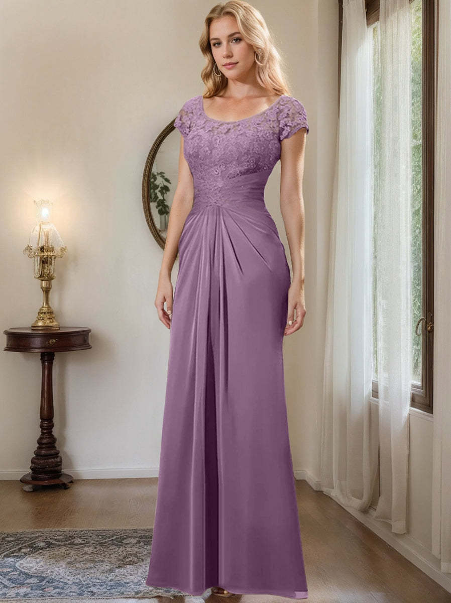 Floor-Length Chiffon Mother of the Bride Dress with Lace Ruffle Sheath/Column Scoop