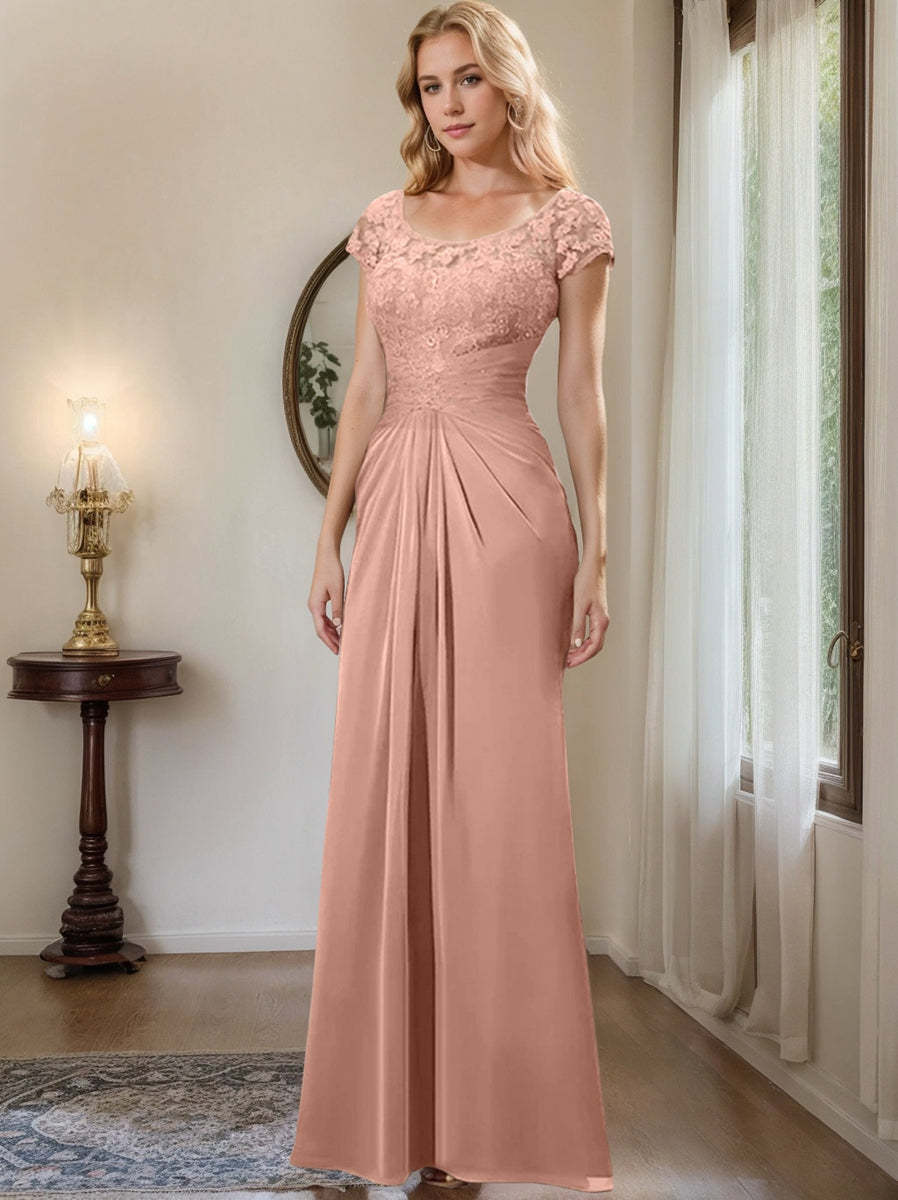 Floor-Length Chiffon Mother of the Bride Dress with Lace Ruffle Sheath/Column Scoop
