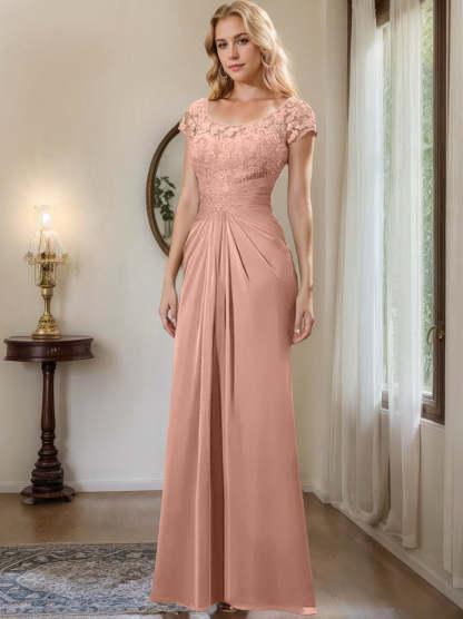 Floor-Length Chiffon Mother of the Bride Dress with Lace Ruffle Sheath/Column Scoop