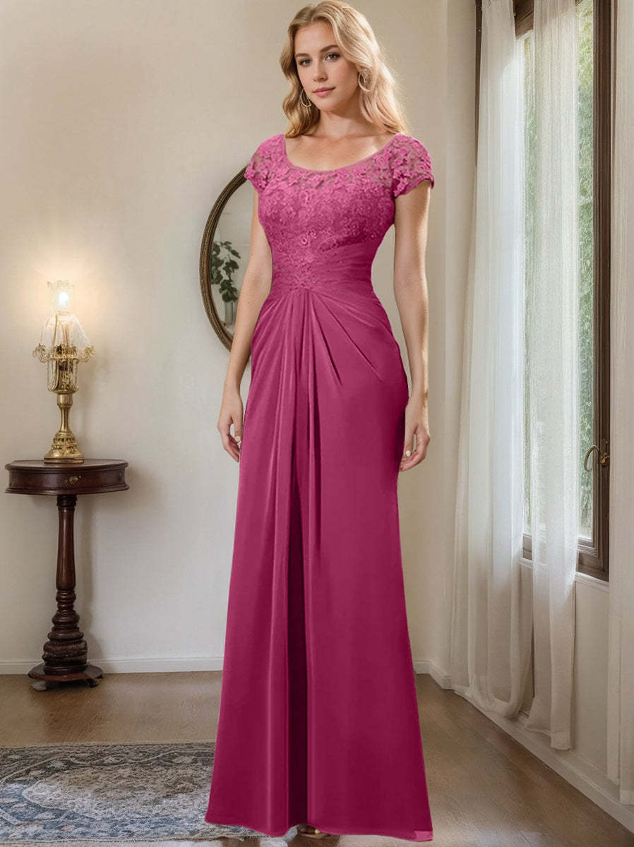 Floor-Length Chiffon Mother of the Bride Dress with Lace Ruffle Sheath/Column Scoop