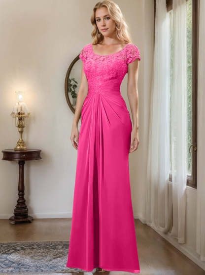 Floor-Length Chiffon Mother of the Bride Dress with Lace Ruffle Sheath/Column Scoop