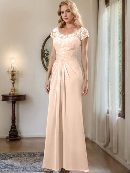 Floor-Length Chiffon Mother of the Bride Dress with Lace Ruffle Sheath/Column Scoop