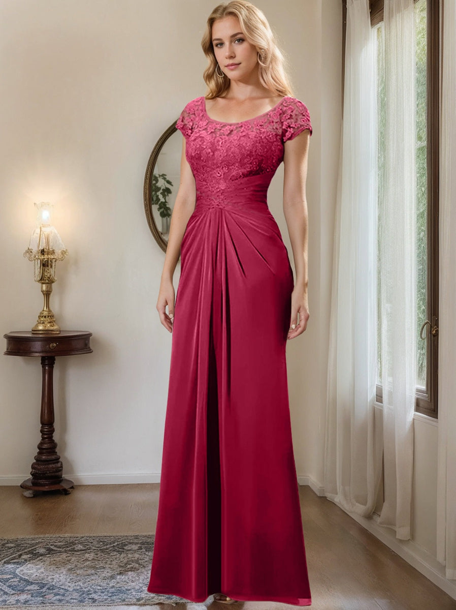 Floor-Length Chiffon Mother of the Bride Dress with Lace Ruffle Sheath/Column Scoop