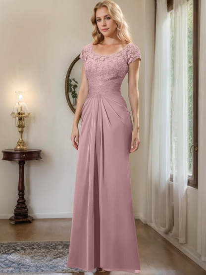 Floor-Length Chiffon Mother of the Bride Dress with Lace Ruffle Sheath/Column Scoop