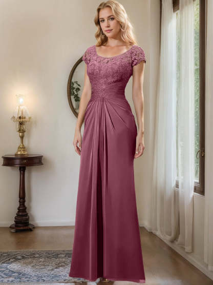 Floor-Length Chiffon Mother of the Bride Dress with Lace Ruffle Sheath/Column Scoop