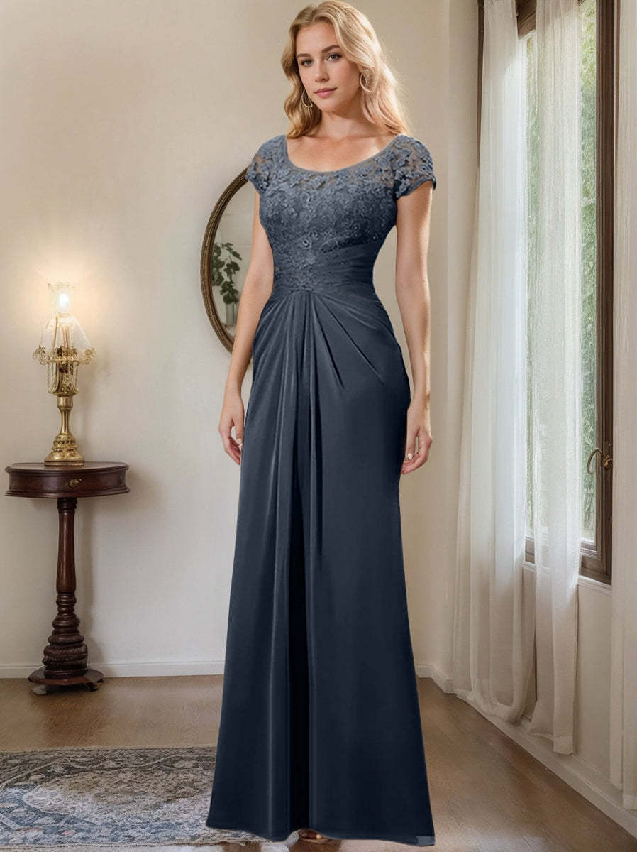 Floor-Length Chiffon Mother of the Bride Dress with Lace Ruffle Sheath/Column Scoop
