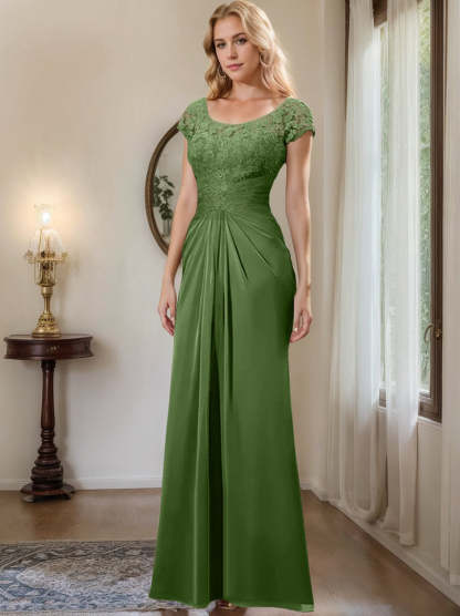 Floor-Length Chiffon Mother of the Bride Dress with Lace Ruffle Sheath/Column Scoop