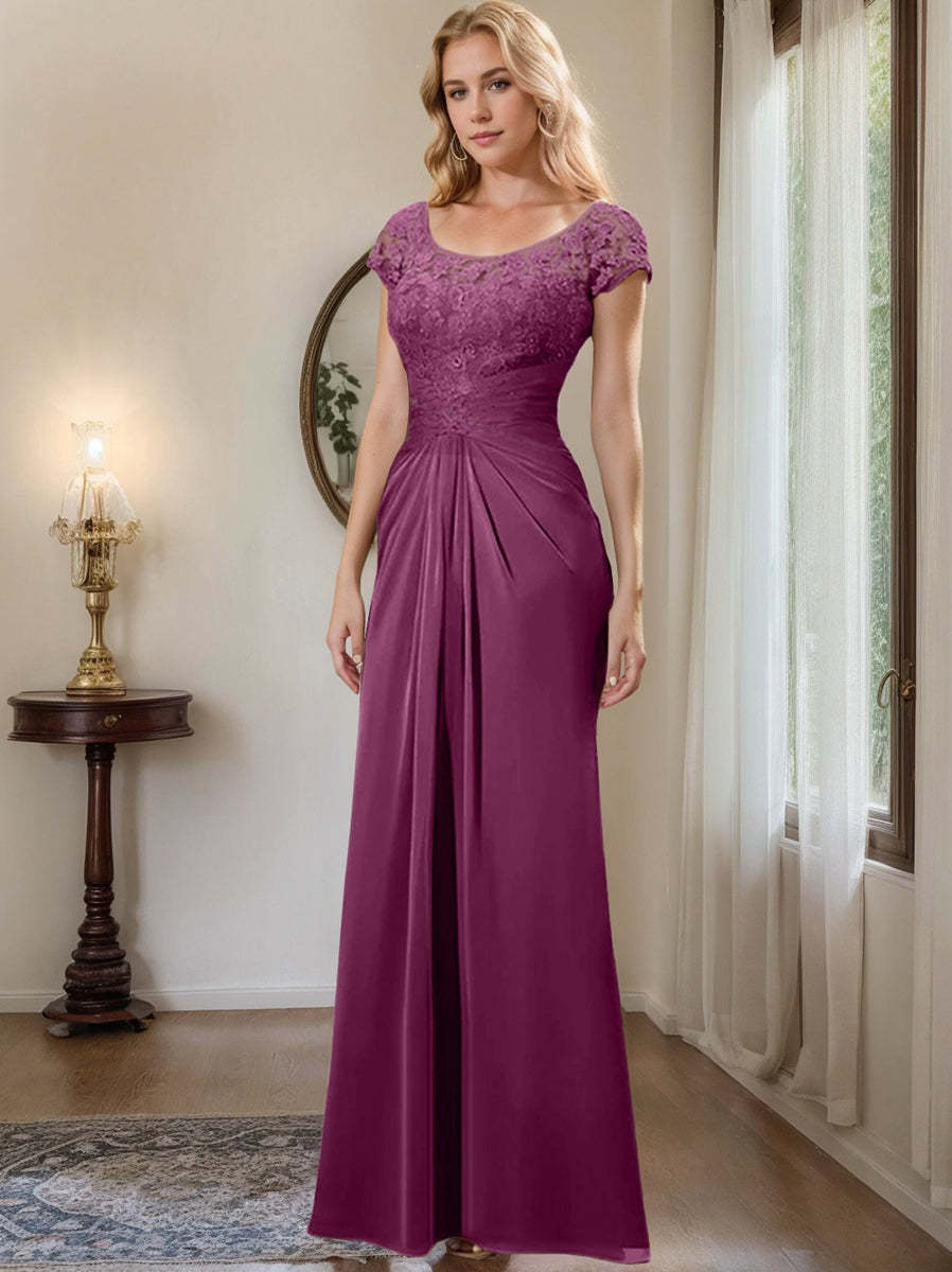 Floor-Length Chiffon Mother of the Bride Dress with Lace Ruffle Sheath/Column Scoop
