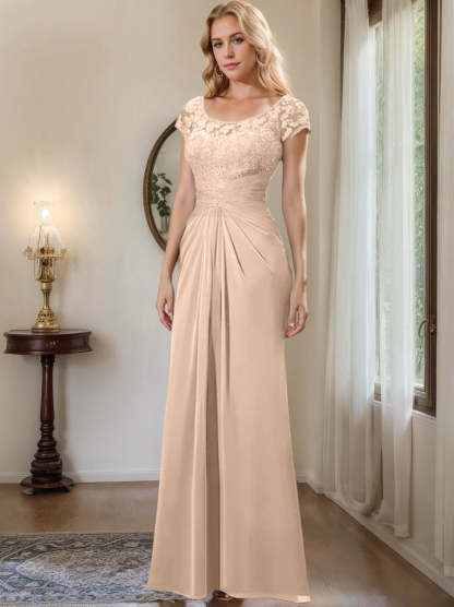Floor-Length Chiffon Mother of the Bride Dress with Lace Ruffle Sheath/Column Scoop
