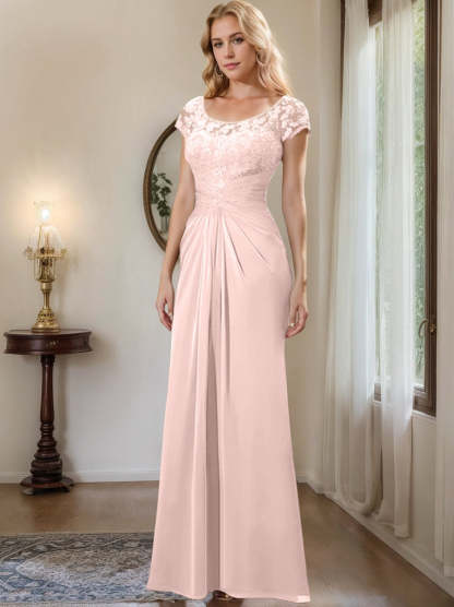 Floor-Length Chiffon Mother of the Bride Dress with Lace Ruffle Sheath/Column Scoop