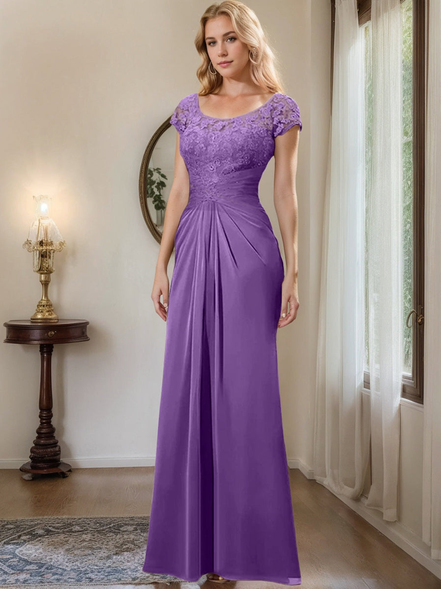 Floor-Length Chiffon Mother of the Bride Dress with Lace Ruffle Sheath/Column Scoop