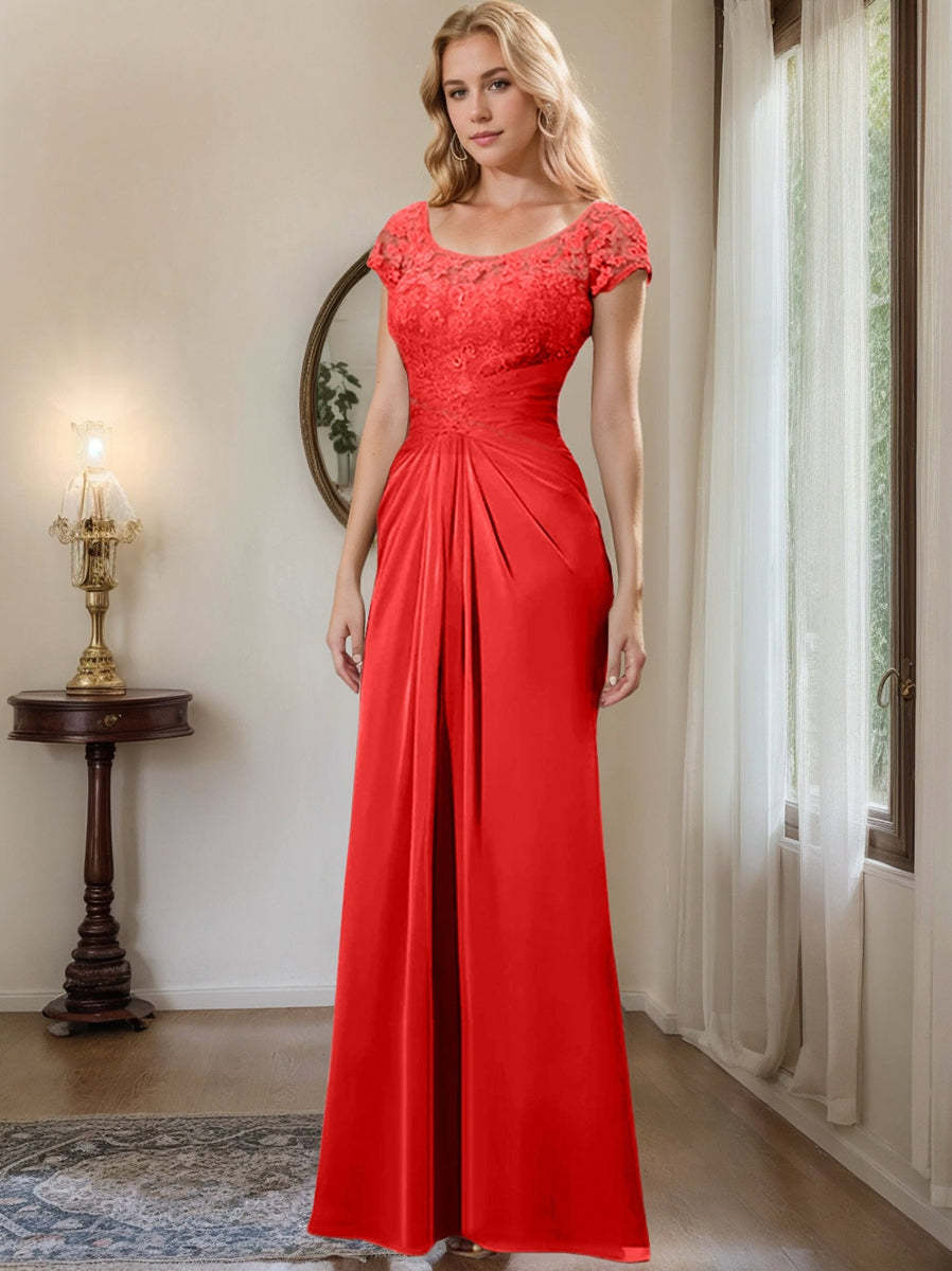 Floor-Length Chiffon Mother of the Bride Dress with Lace Ruffle Sheath/Column Scoop