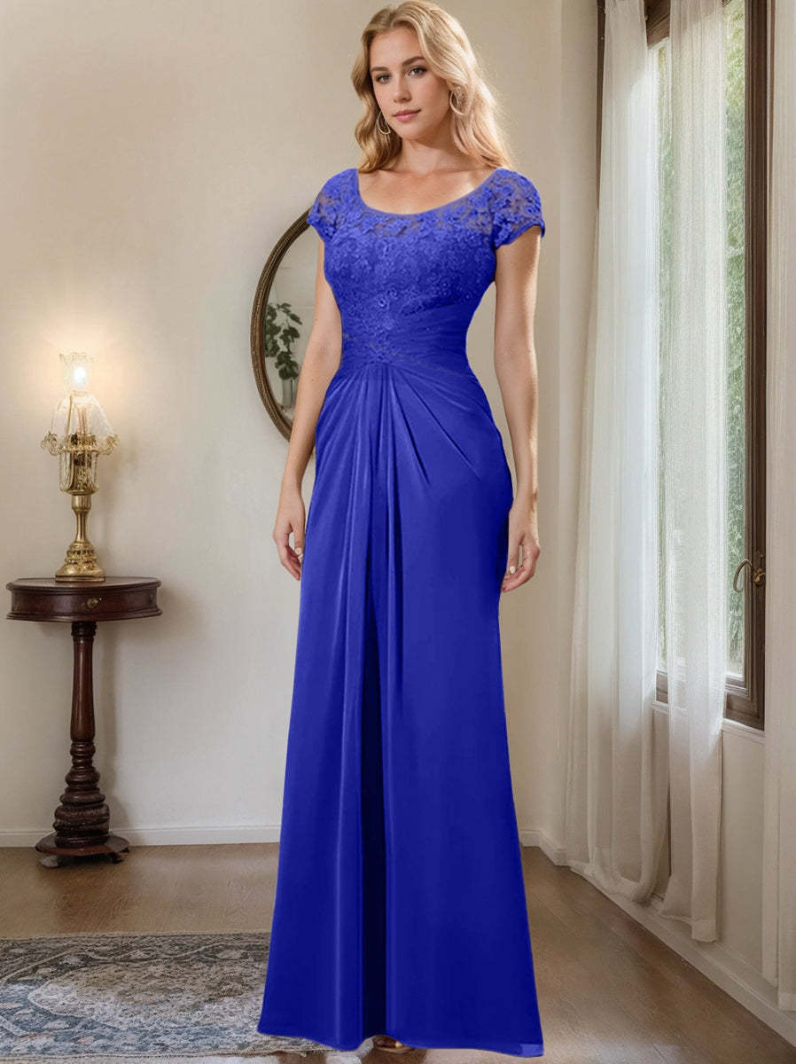 Floor-Length Chiffon Mother of the Bride Dress with Lace Ruffle Sheath/Column Scoop