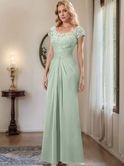 Floor-Length Chiffon Mother of the Bride Dress with Lace Ruffle Sheath/Column Scoop