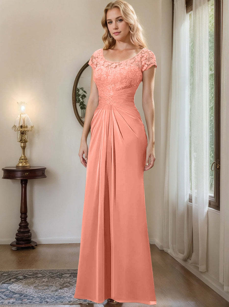 Floor-Length Chiffon Mother of the Bride Dress with Lace Ruffle Sheath/Column Scoop
