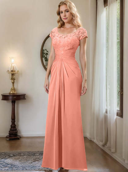 Floor-Length Chiffon Mother of the Bride Dress with Lace Ruffle Sheath/Column Scoop