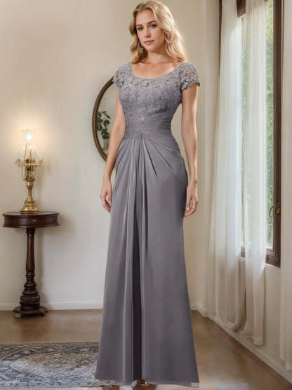 Floor-Length Chiffon Mother of the Bride Dress with Lace Ruffle Sheath/Column Scoop