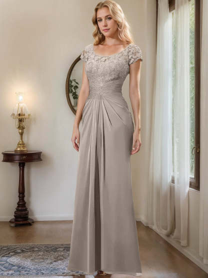 Floor-Length Chiffon Mother of the Bride Dress with Lace Ruffle Sheath/Column Scoop
