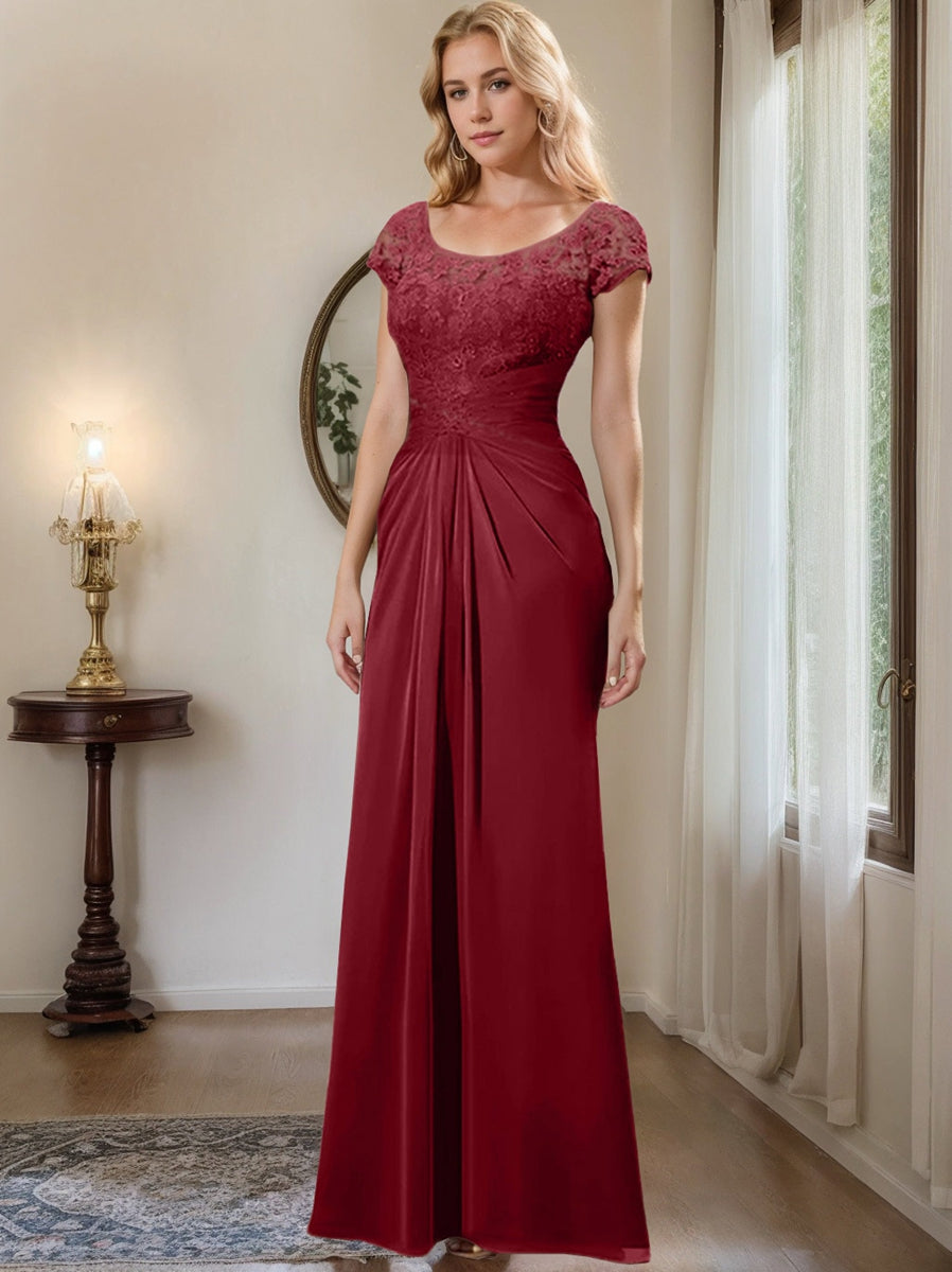 Floor-Length Chiffon Mother of the Bride Dress with Lace Ruffle Sheath/Column Scoop