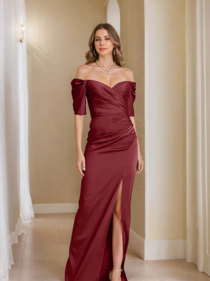 Off-the-Shoulder Short Sleeve Sheath/Column Mother of the Bride Dress With Front Split