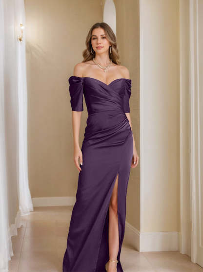 Off-the-Shoulder Short Sleeve Sheath/Column Mother of the Bride Dress With Front Split