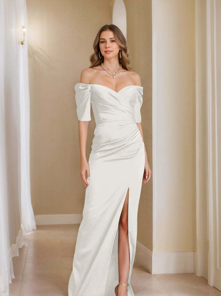 Off-the-Shoulder Short Sleeve Sheath/Column Mother of the Bride Dress With Front Split